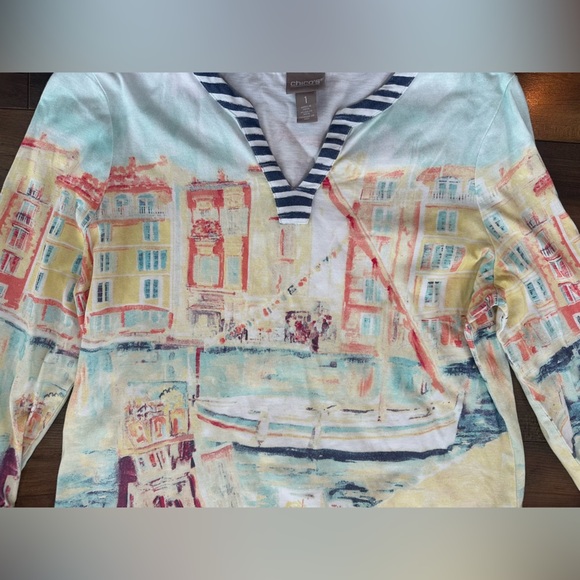Chico’s Artistic Print Tunic Top Coastal Travel Casual Soft Knit Size L - Picture 3 of 7